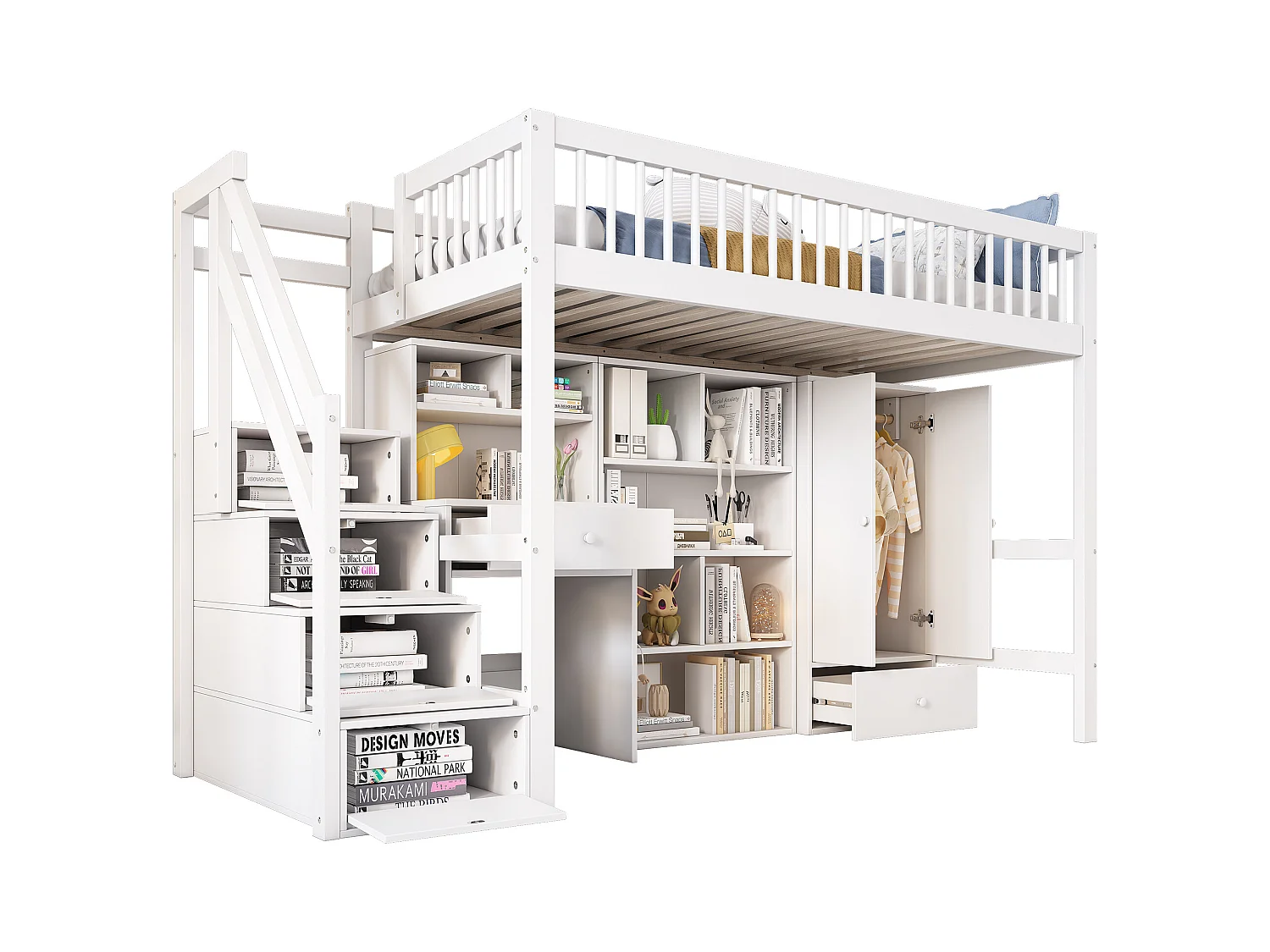 Lit superposé pour enfants, avec bureau, rangement, étagères et penderie, bois massif et MDF, blanc (90x200 cm)