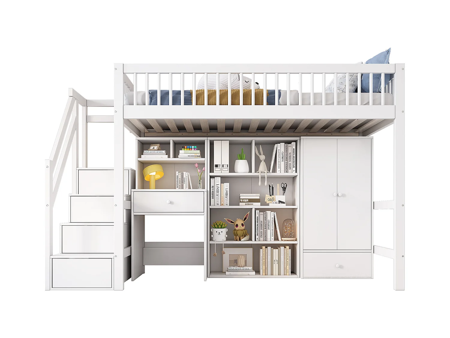 Lit superposé pour enfants, avec bureau, rangement, étagères et penderie, bois massif et MDF, blanc (90x200 cm)