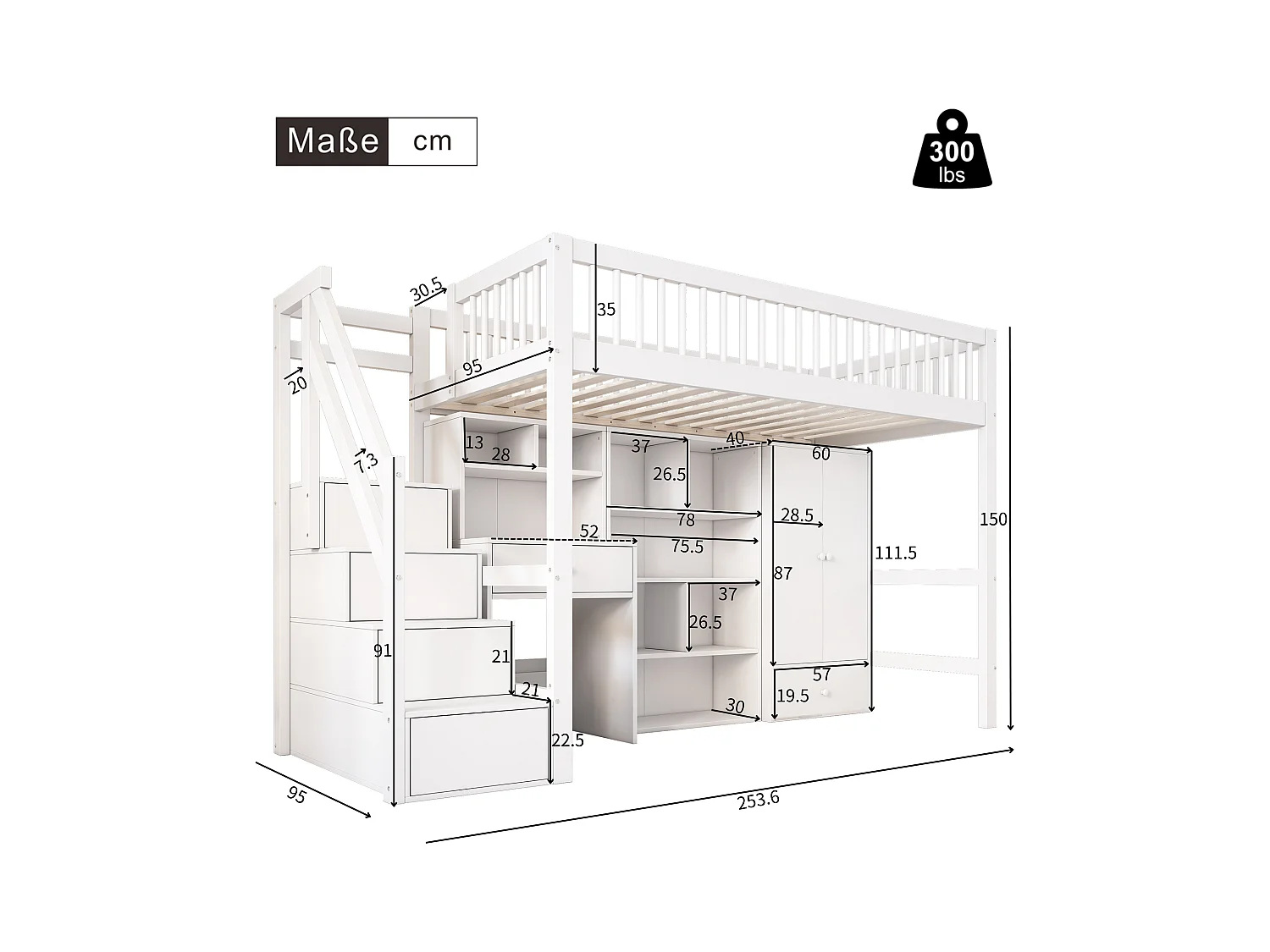 Lit superposé pour enfants, avec bureau, rangement, étagères et penderie, bois massif et MDF, blanc (90x200 cm)
