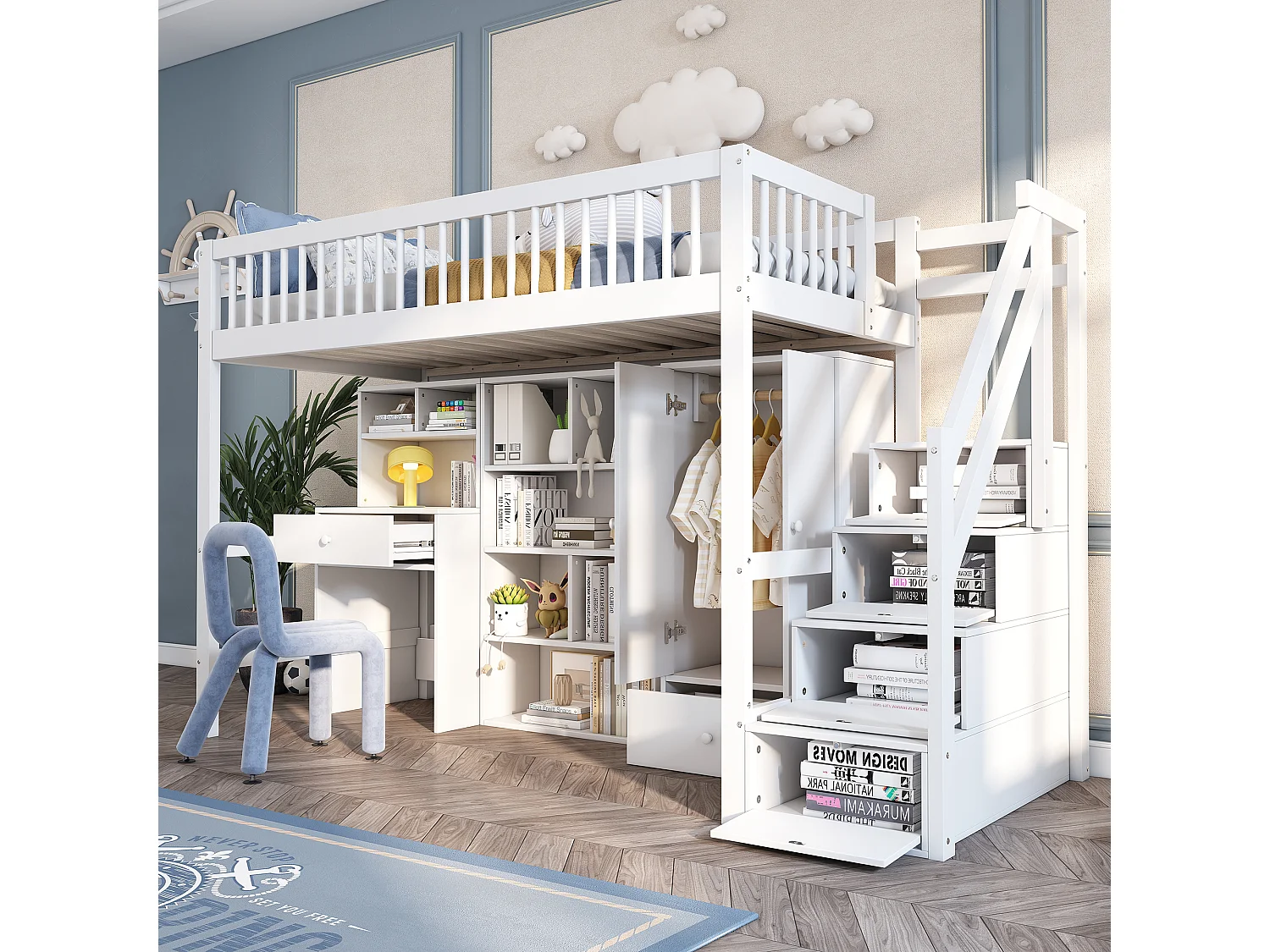 Kinderstapelbed met bureau, opbergruimte, planken en kledingkast, massief hout en MDF, wit (90x200 cm)