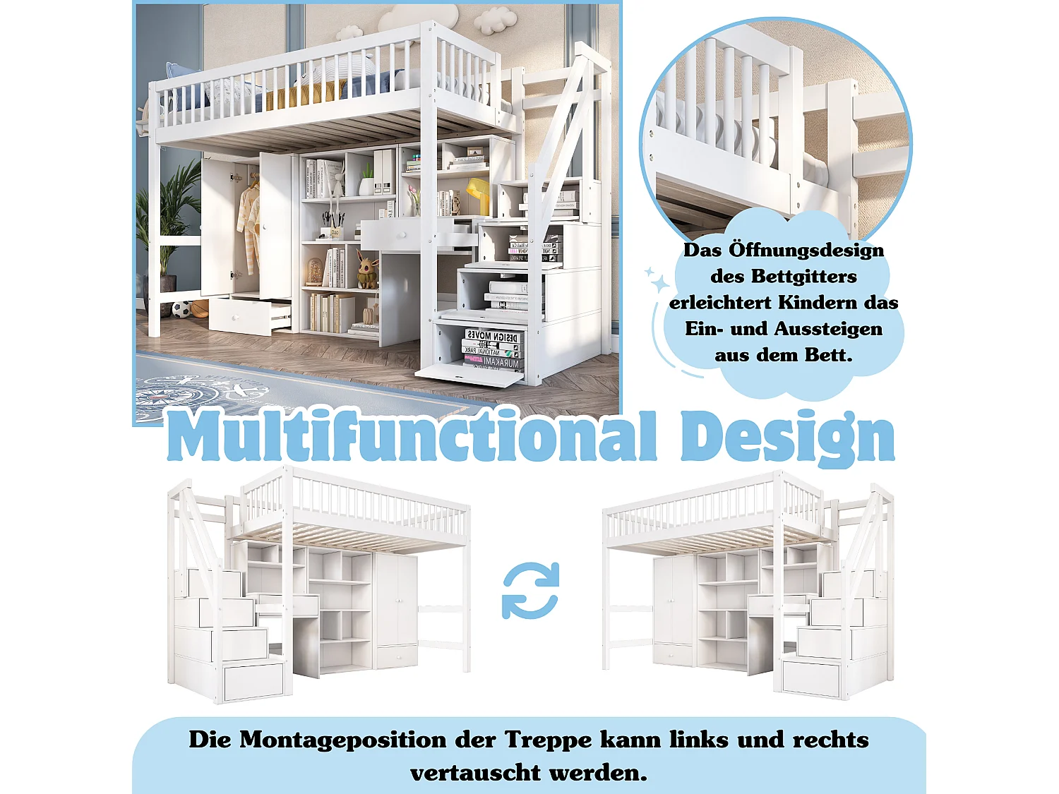 Kinderstapelbed met bureau, opbergruimte, planken en kledingkast, massief hout en MDF, wit (90x200 cm)