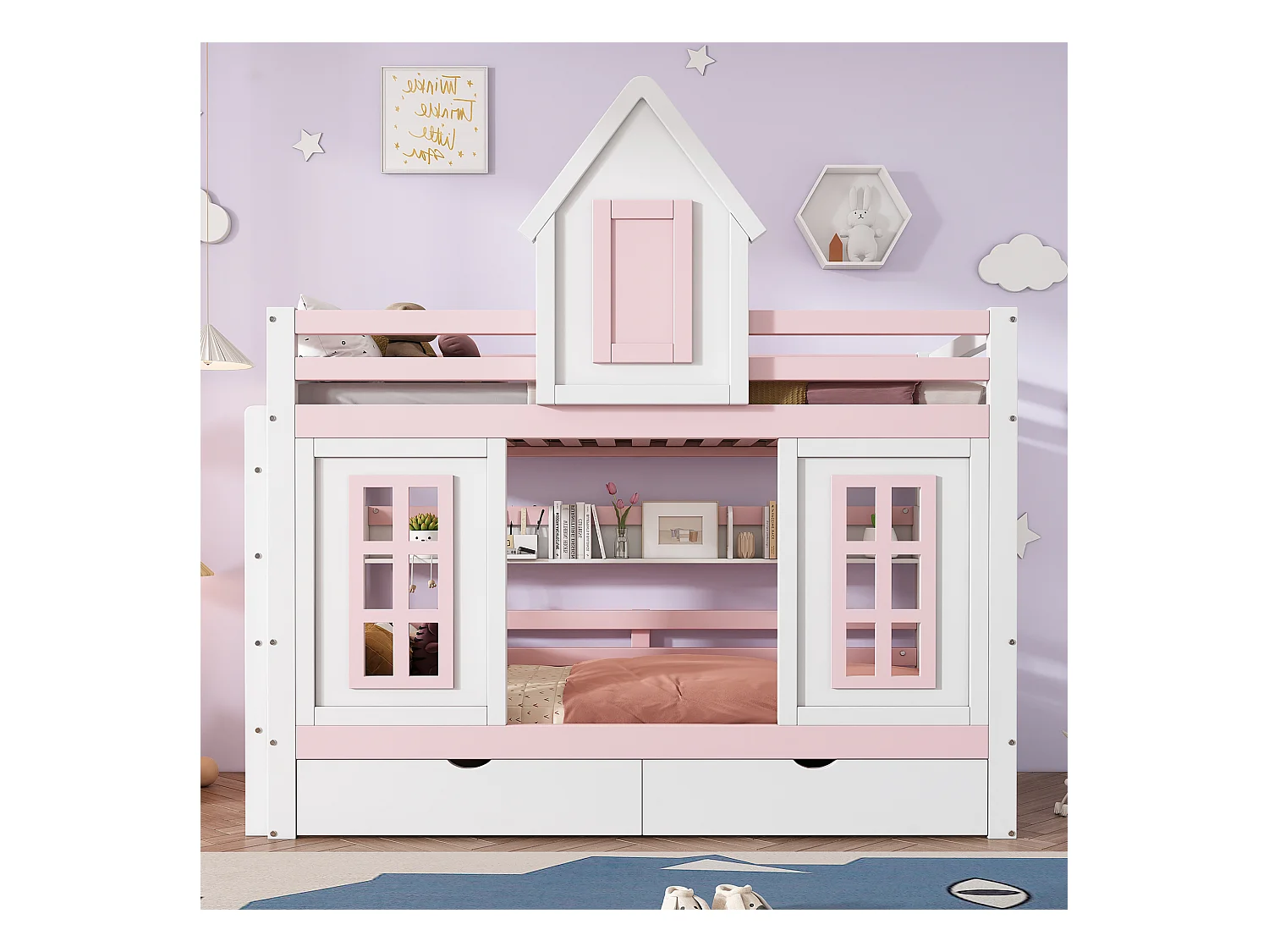 Lit superposé avec toit et fenêtres, échelle d'angle, espace de rangement, cadre en pin, blanc et naturel (245x237x216.5 cm)