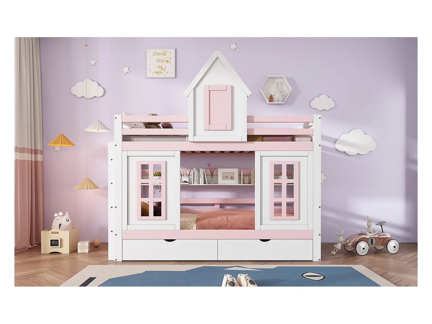 Lit superposé avec toit et fenêtres, échelle d'angle, espace de rangement, cadre en pin, blanc et naturel (245x237x216.5 cm)