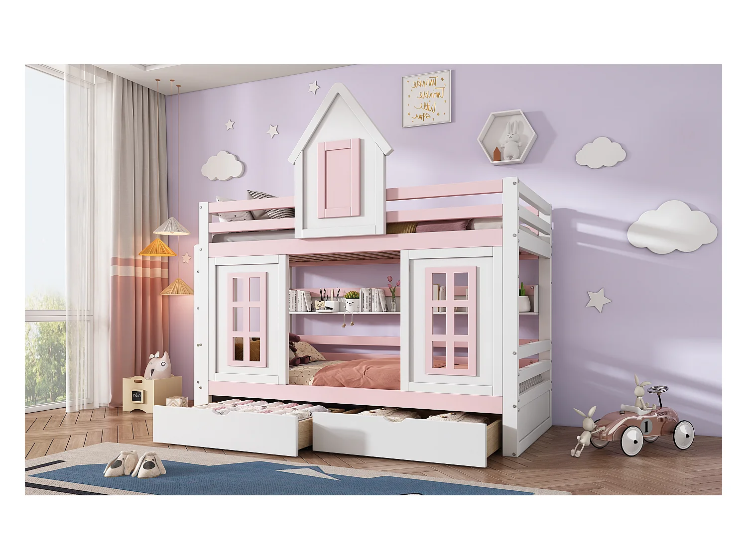 Lit superposé avec toit et fenêtres, échelle d'angle, espace de rangement, cadre en pin, blanc et naturel (245x237x216.5 cm)