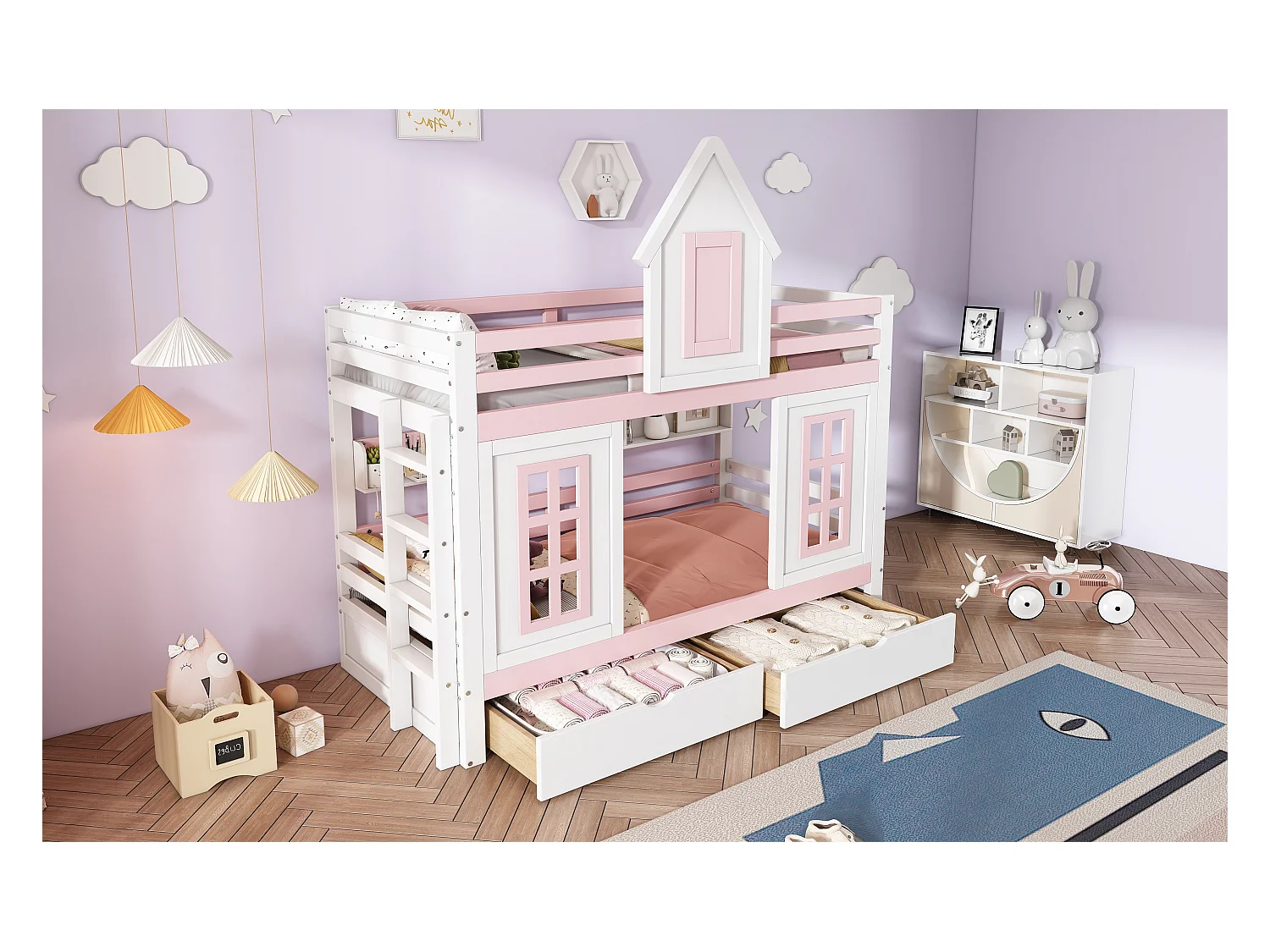 Lit superposé avec toit et fenêtres, échelle d'angle, espace de rangement, cadre en pin, blanc et naturel (245x237x216.5 cm)