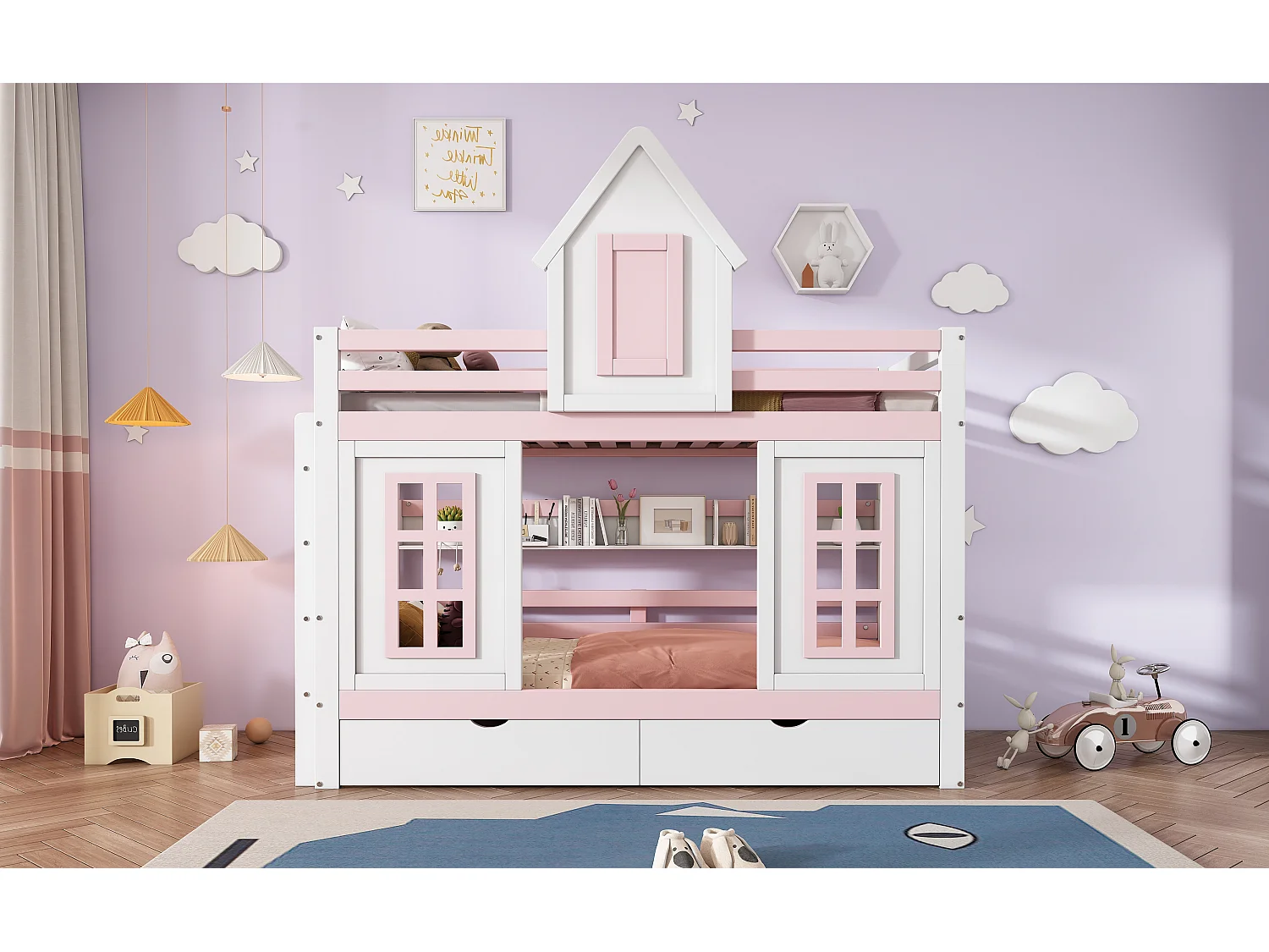 Lit superposé avec toit et fenêtres, échelle d'angle, espace de rangement, cadre en pin, blanc et naturel (245x237x216.5 cm)