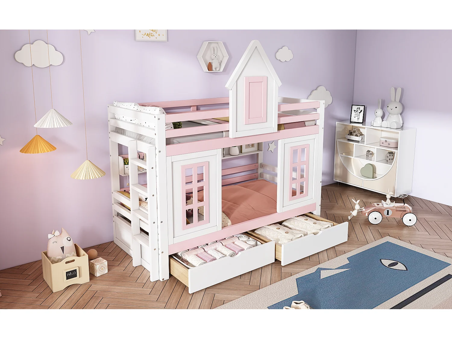 Lit superposé avec toit et fenêtres, échelle d'angle, espace de rangement, cadre en pin, blanc et naturel (245x237x216.5 cm)