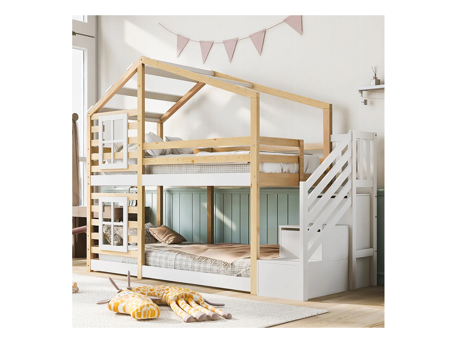 Lit superposé enfant 90x200 cm, lit en forme de maison avec rangements et protection anti-chute, naturel et blanc, avec tableau (256x96x192 cm)