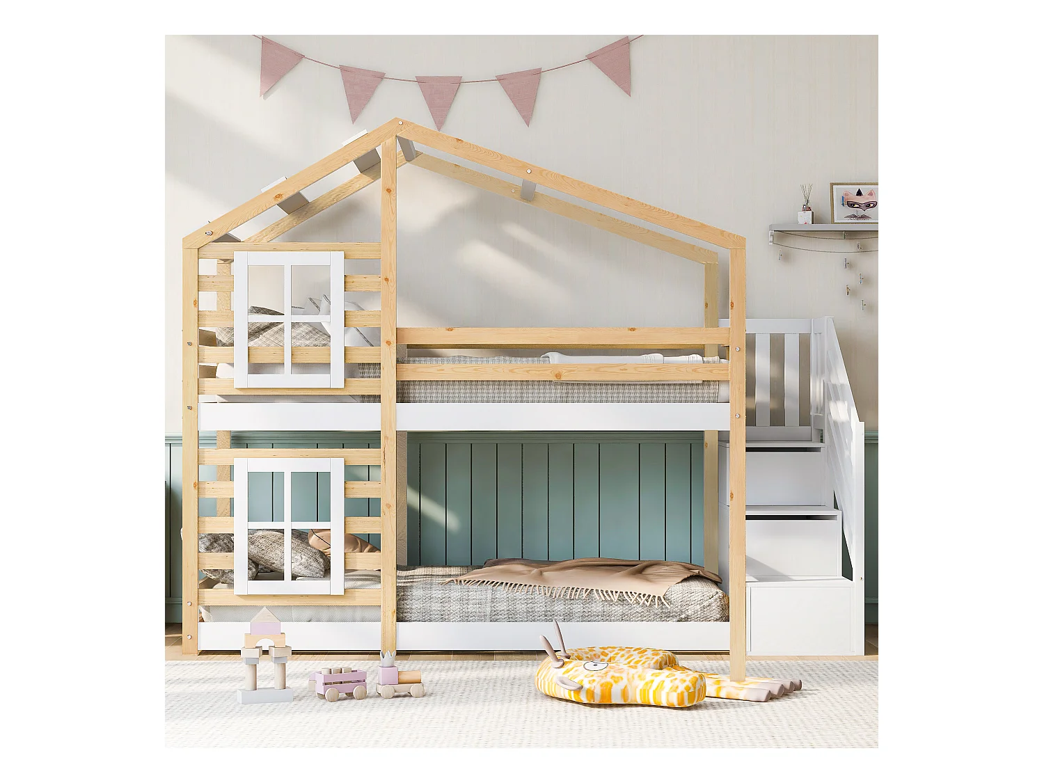 Lit superposé enfant 90x200 cm, lit en forme de maison avec rangements et protection anti-chute, naturel et blanc, avec tableau (256x96x192 cm)