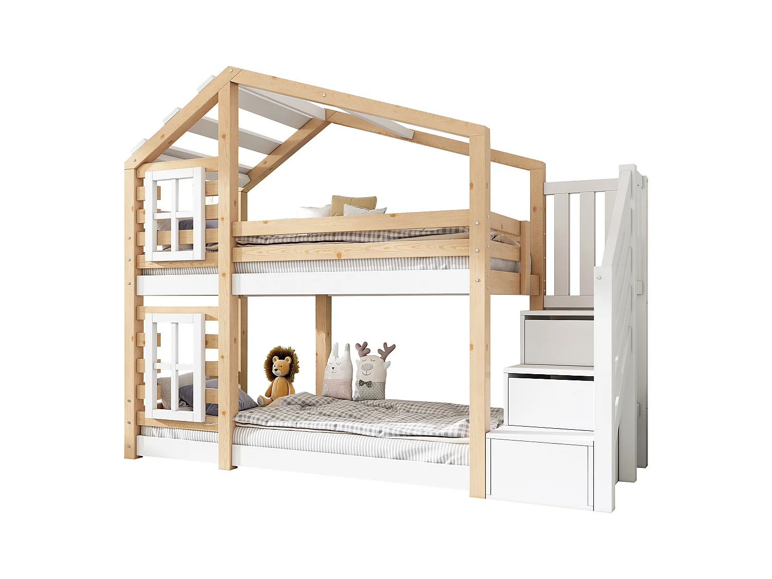 Lit superposé enfant 90x200 cm, lit en forme de maison avec rangements et protection anti-chute, naturel et blanc, avec tableau (256x96x192 cm)
