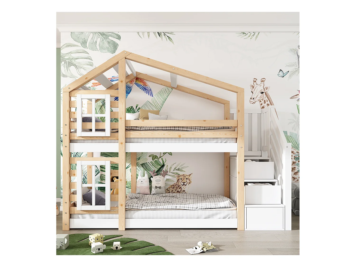 Lit superposé enfant 90x200 cm, lit en forme de maison avec rangements et protection anti-chute, naturel et blanc, avec tableau (256x96x192 cm)