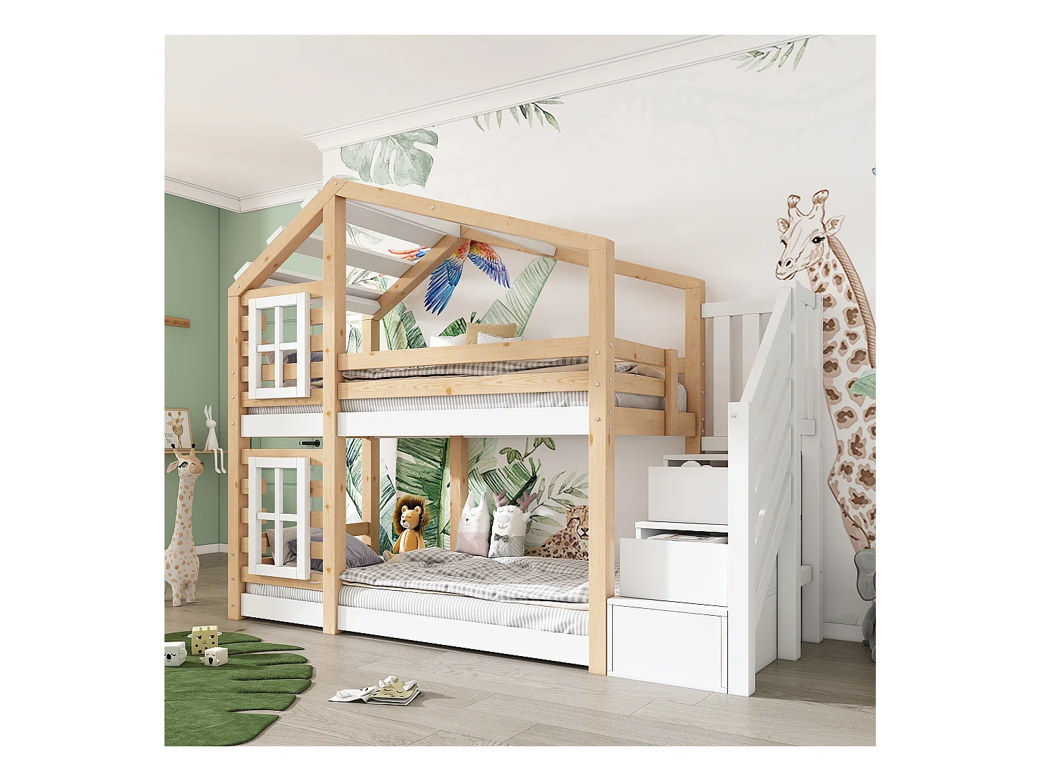 Lit superposé enfant 90x200 cm, lit en forme de maison avec rangements et protection anti-chute, naturel et blanc, avec tableau (256x96x192 cm)