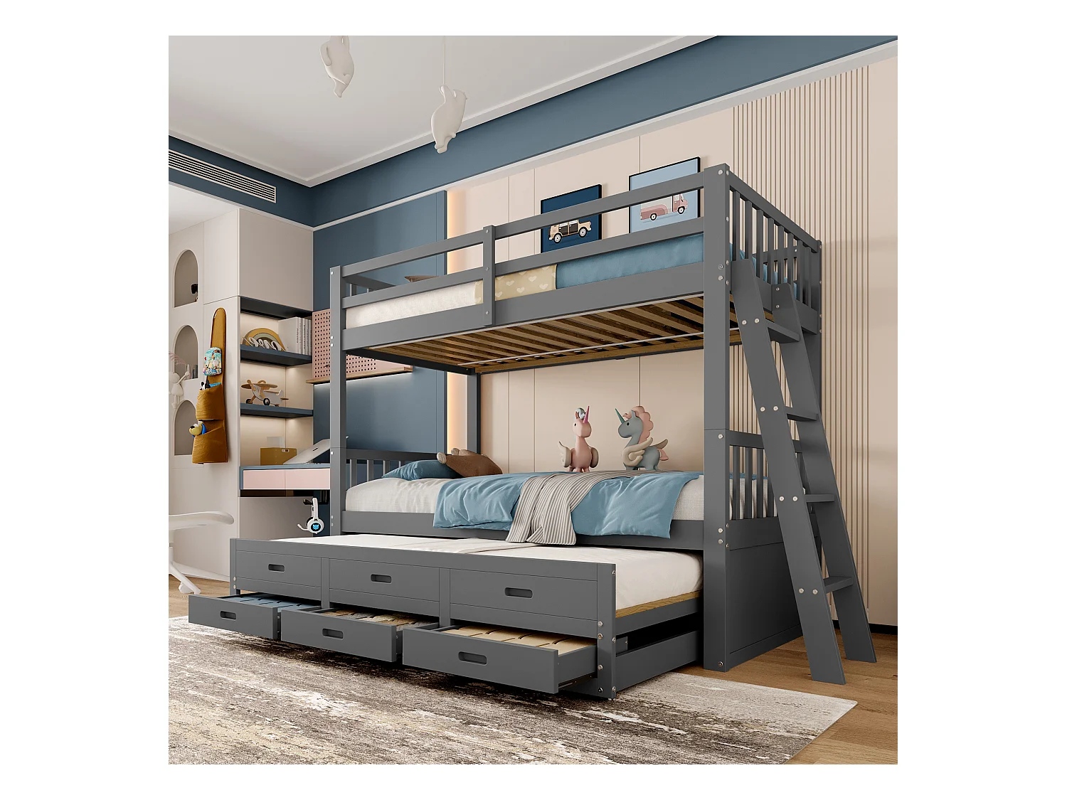 Stapelbed 90x200cm, huisbed met ladder, lades en kledingkast, grenen, grijs (244x95x160 cm)