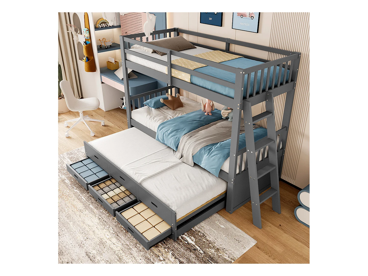 Stapelbed 90x200cm, huisbed met ladder, lades en kledingkast, grenen, grijs (244x95x160 cm)