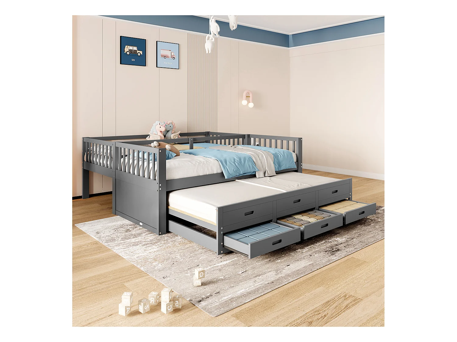 Stapelbed 90x200cm, huisbed met ladder, lades en kledingkast, grenen, grijs (244x95x160 cm)