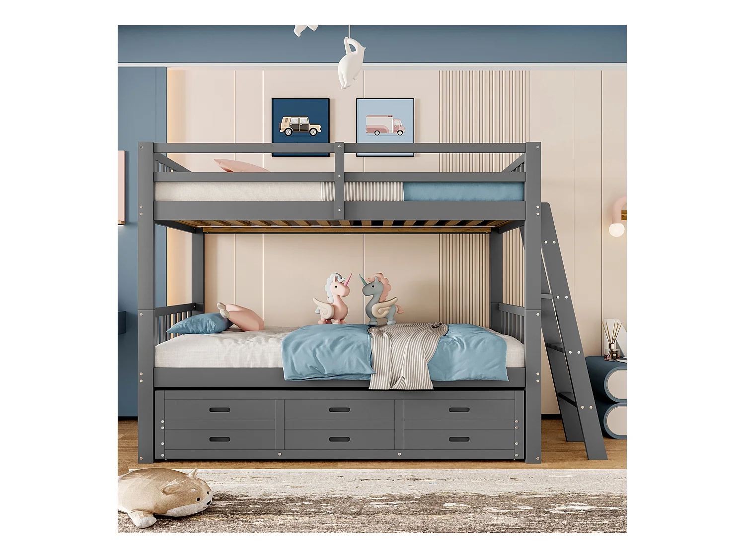 Stapelbed 90x200cm, huisbed met ladder, lades en kledingkast, grenen, grijs (244x95x160 cm)