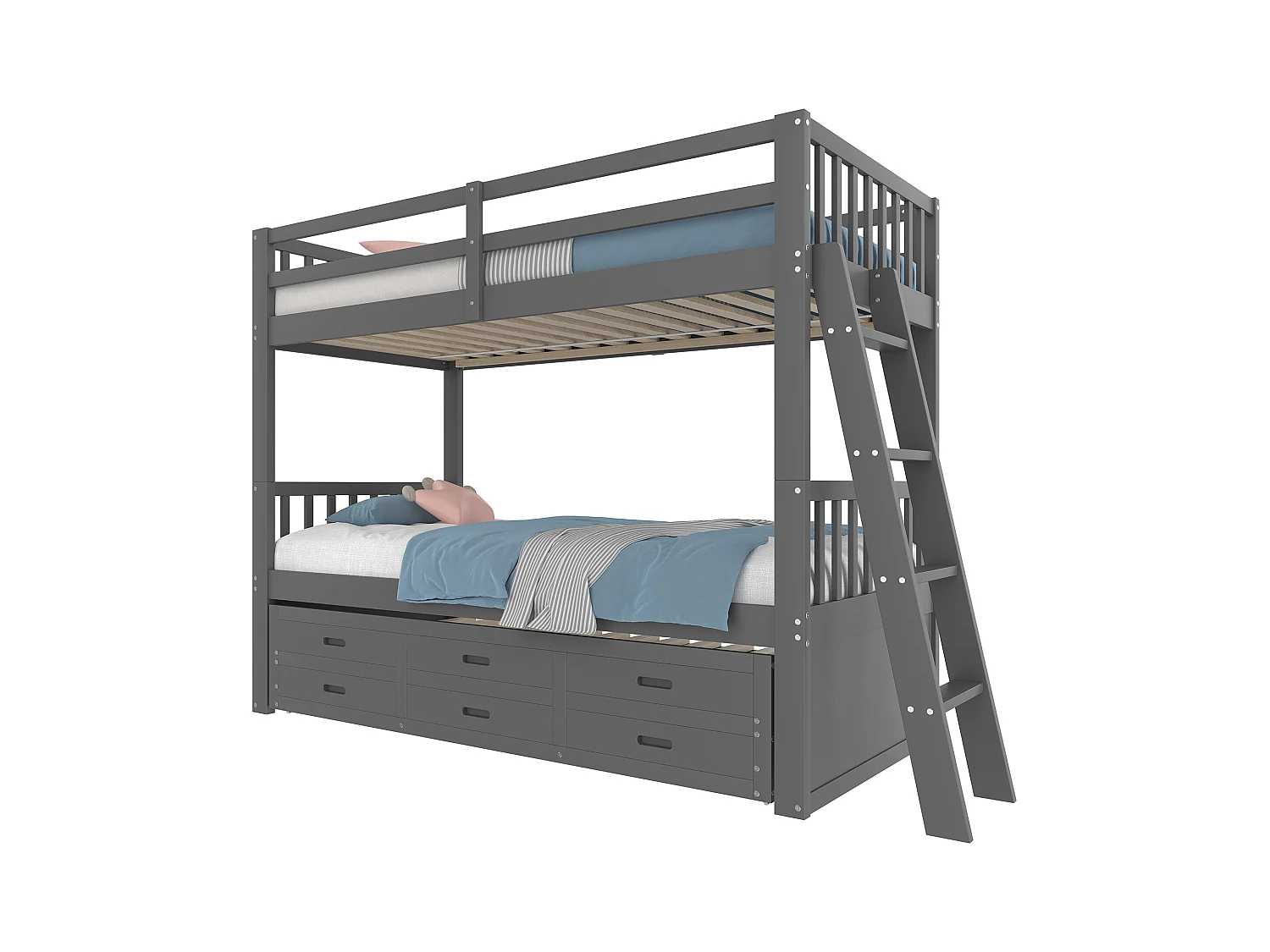Stapelbed 90x200cm, huisbed met ladder, lades en kledingkast, grenen, grijs (244x95x160 cm)