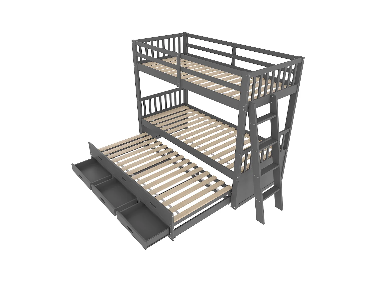 Stapelbed 90x200cm, huisbed met ladder, lades en kledingkast, grenen, grijs (244x95x160 cm)