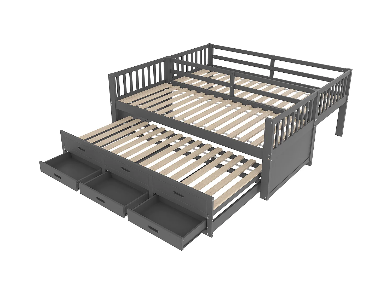 Stapelbed 90x200cm, huisbed met ladder, lades en kledingkast, grenen, grijs (244x95x160 cm)