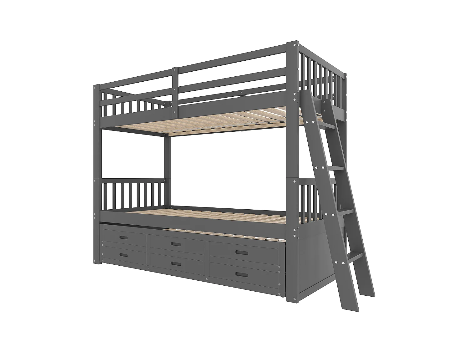 Stapelbed 90x200cm, huisbed met ladder, lades en kledingkast, grenen, grijs (244x95x160 cm)