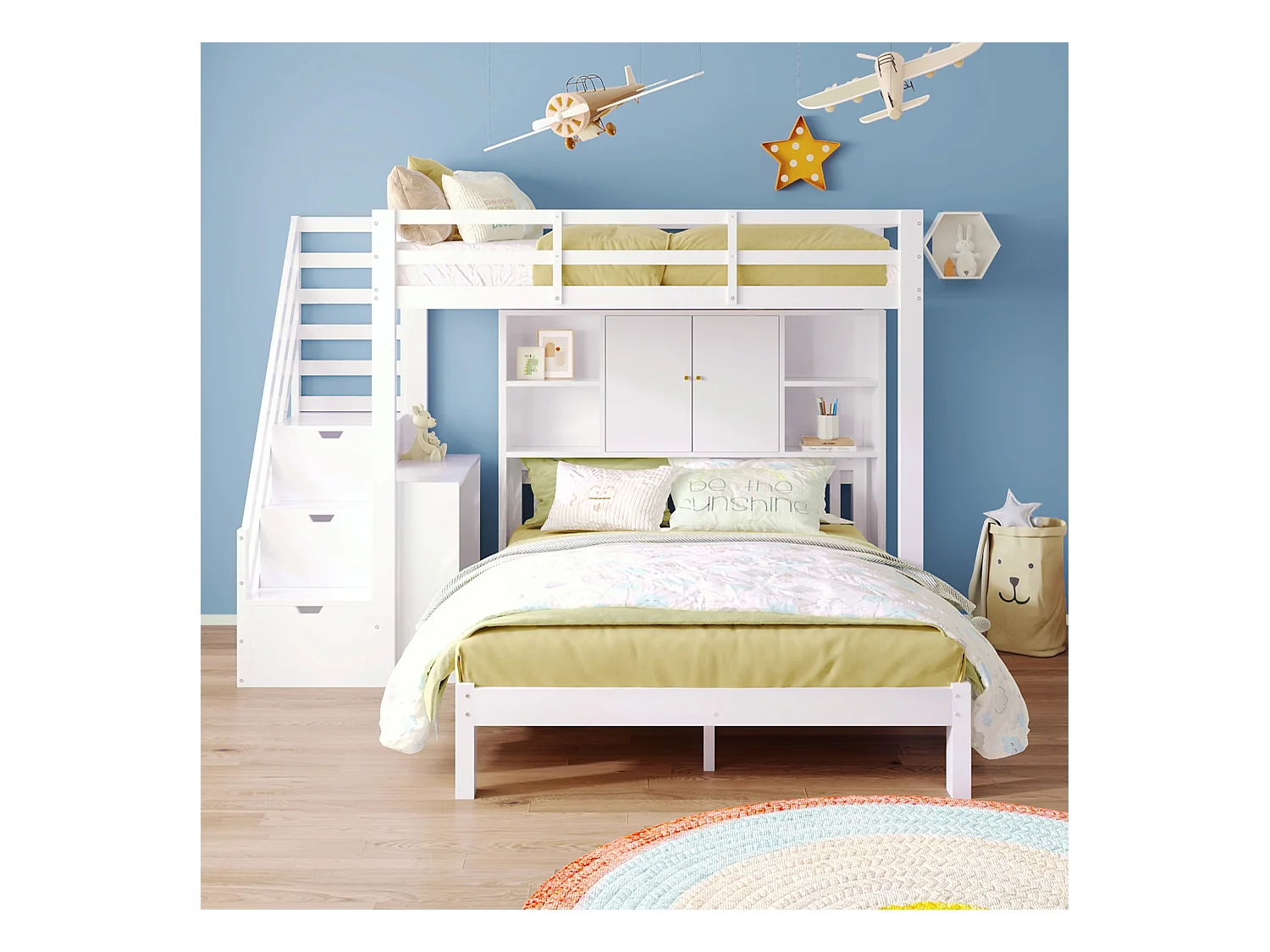 Stapelbed met opbergruimte, 90200cm + 140200cm, multifunctioneel, massief hout + MDF, wit, met planken en opbergtrap