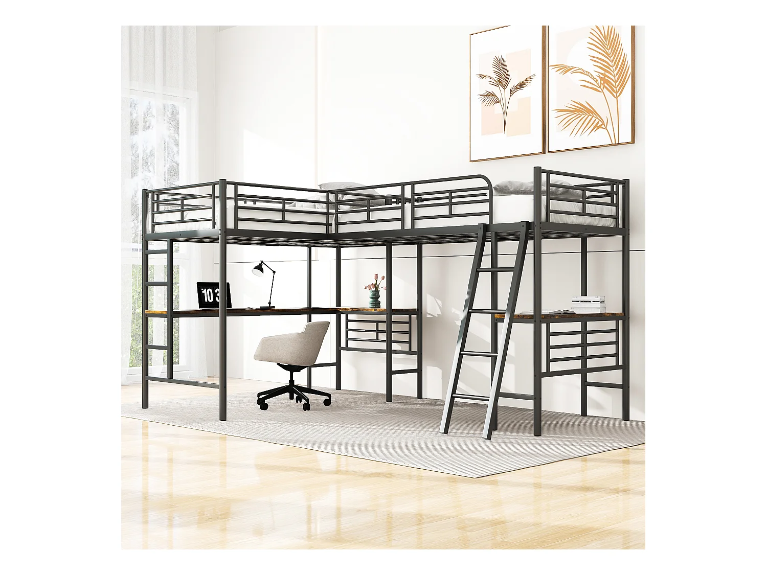 Lit superposé 90x200 cm, design dinosaure, table sous le lit, double échelle, barrières hautes, noir (298x206x170 cm)