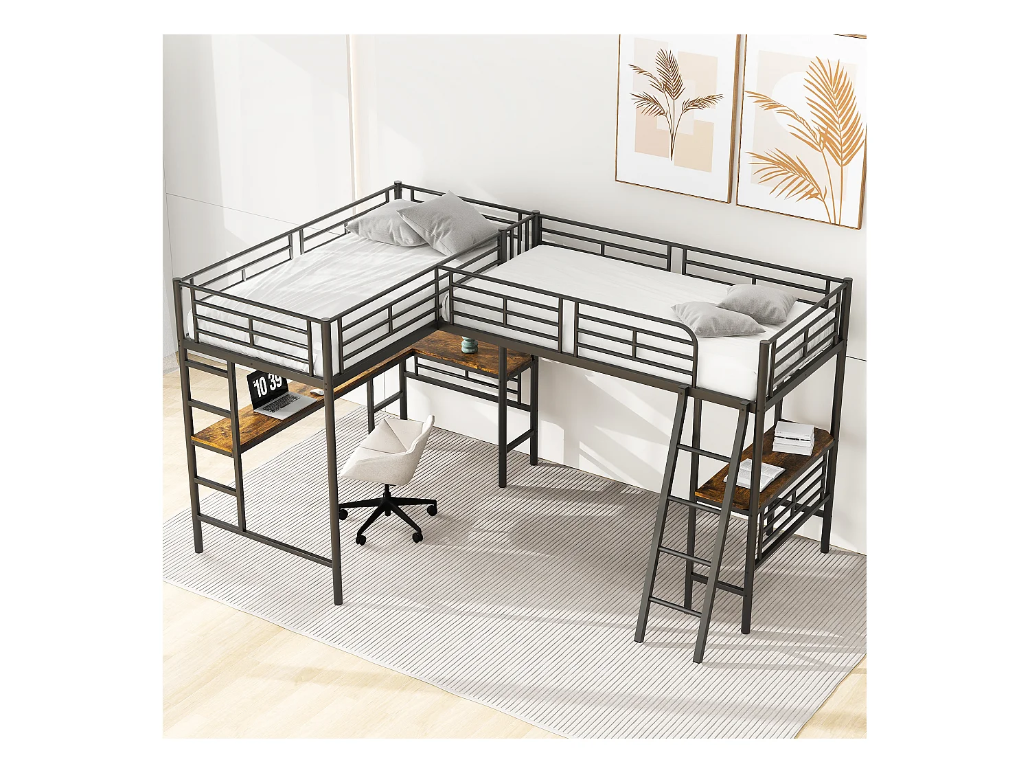 Lit superposé 90x200 cm, design dinosaure, table sous le lit, double échelle, barrières hautes, noir (298x206x170 cm)