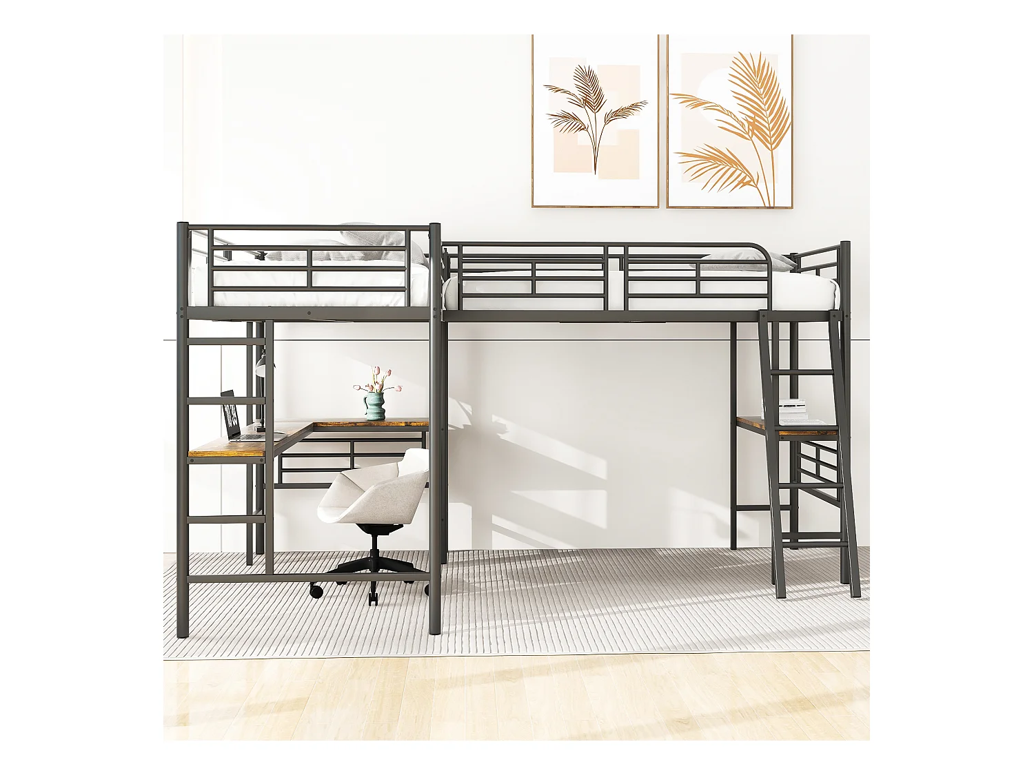 Lit superposé 90x200 cm, design dinosaure, table sous le lit, double échelle, barrières hautes, noir (298x206x170 cm)