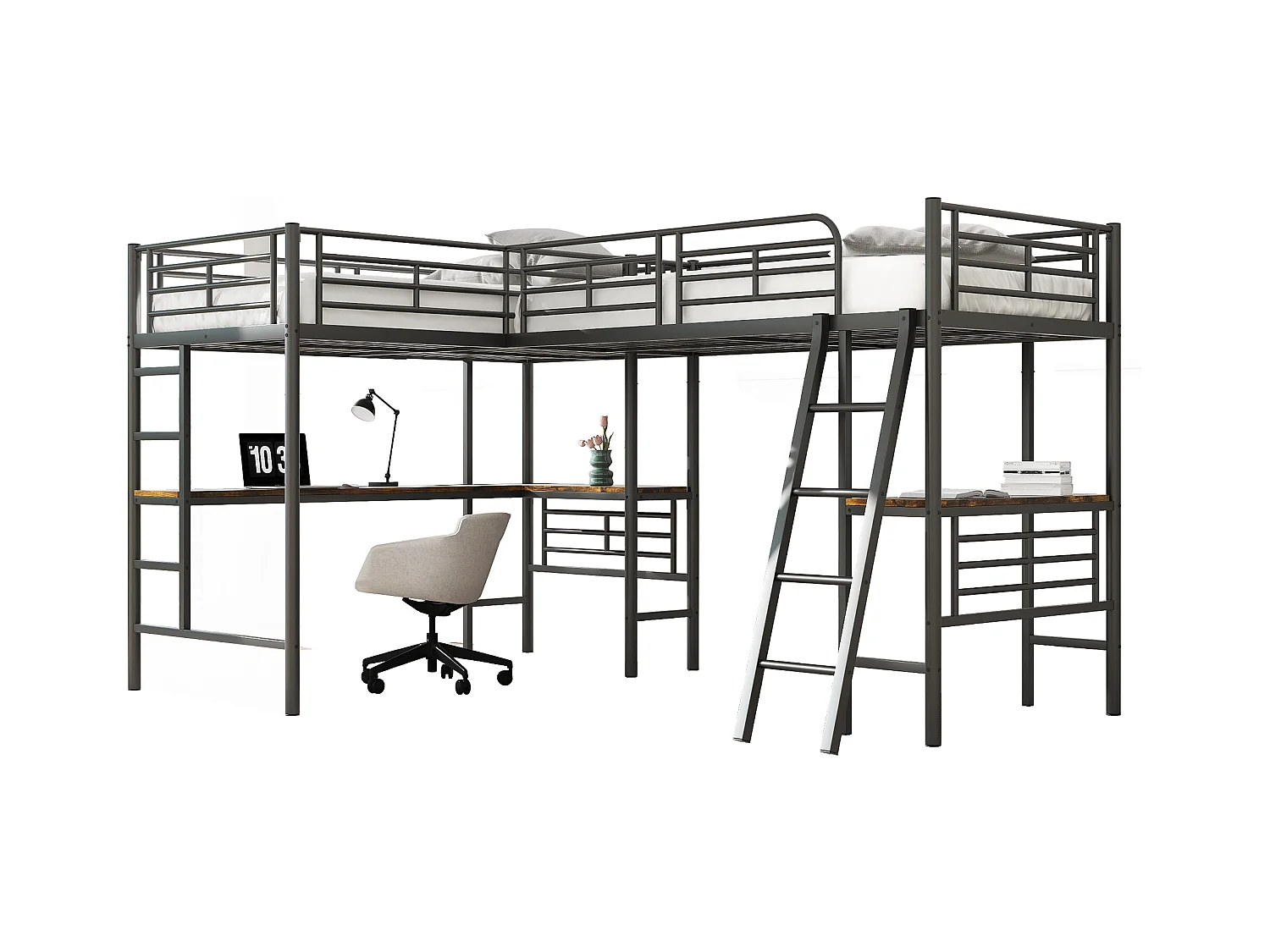 Lit superposé 90x200 cm, design dinosaure, table sous le lit, double échelle, barrières hautes, noir (298x206x170 cm)