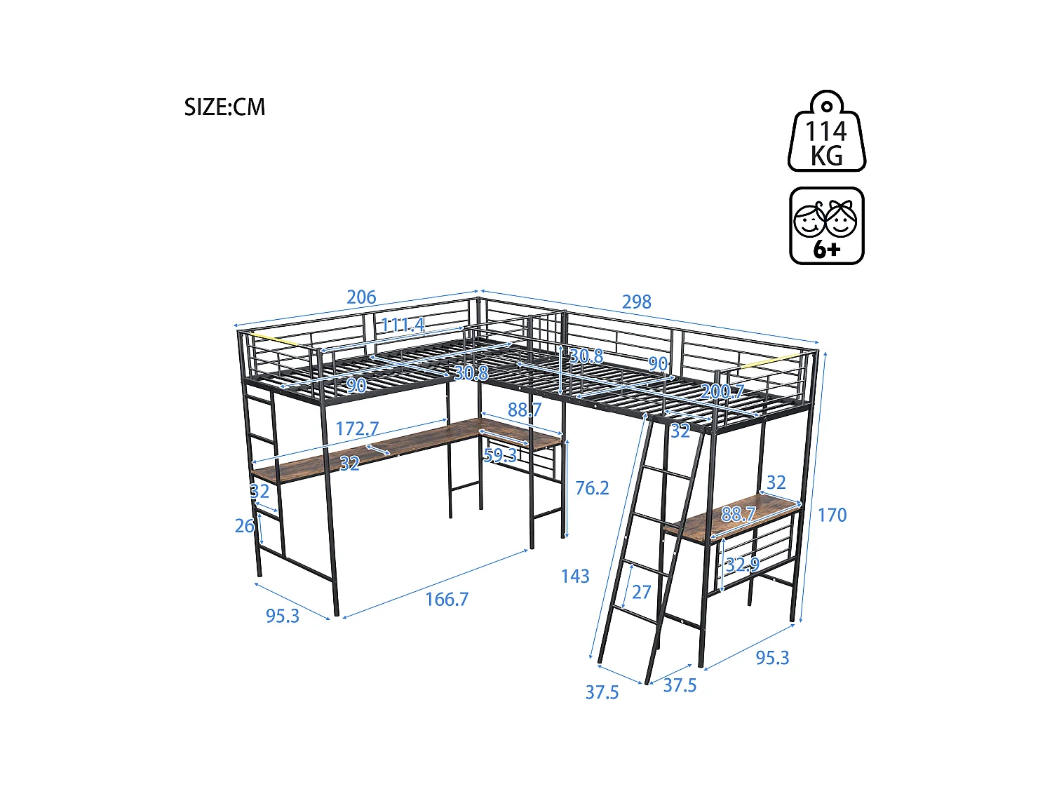 Lit superposé 90x200 cm, design dinosaure, table sous le lit, double échelle, barrières hautes, noir (298x206x170 cm)