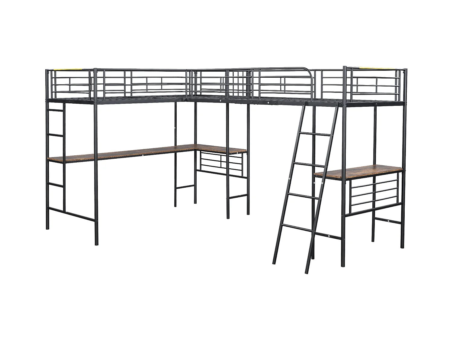 Lit superposé 90x200 cm, design dinosaure, table sous le lit, double échelle, barrières hautes, noir (298x206x170 cm)