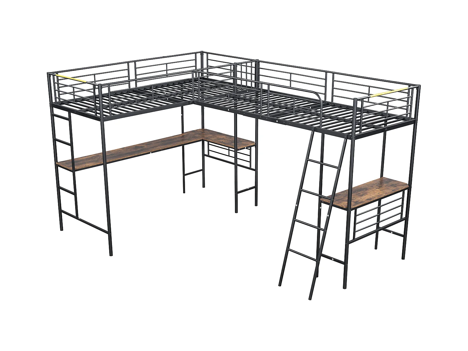 Lit superposé 90x200 cm, design dinosaure, table sous le lit, double échelle, barrières hautes, noir (298x206x170 cm)