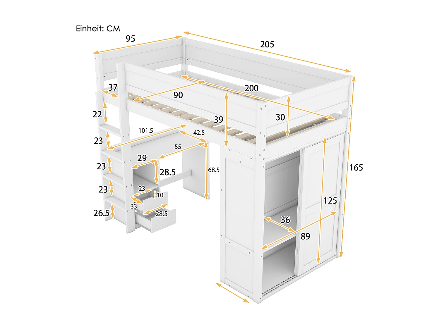 Lit superposé 90x200 cm, avec bureau et armoire, design pratique, gris (205x95x165 cm)
