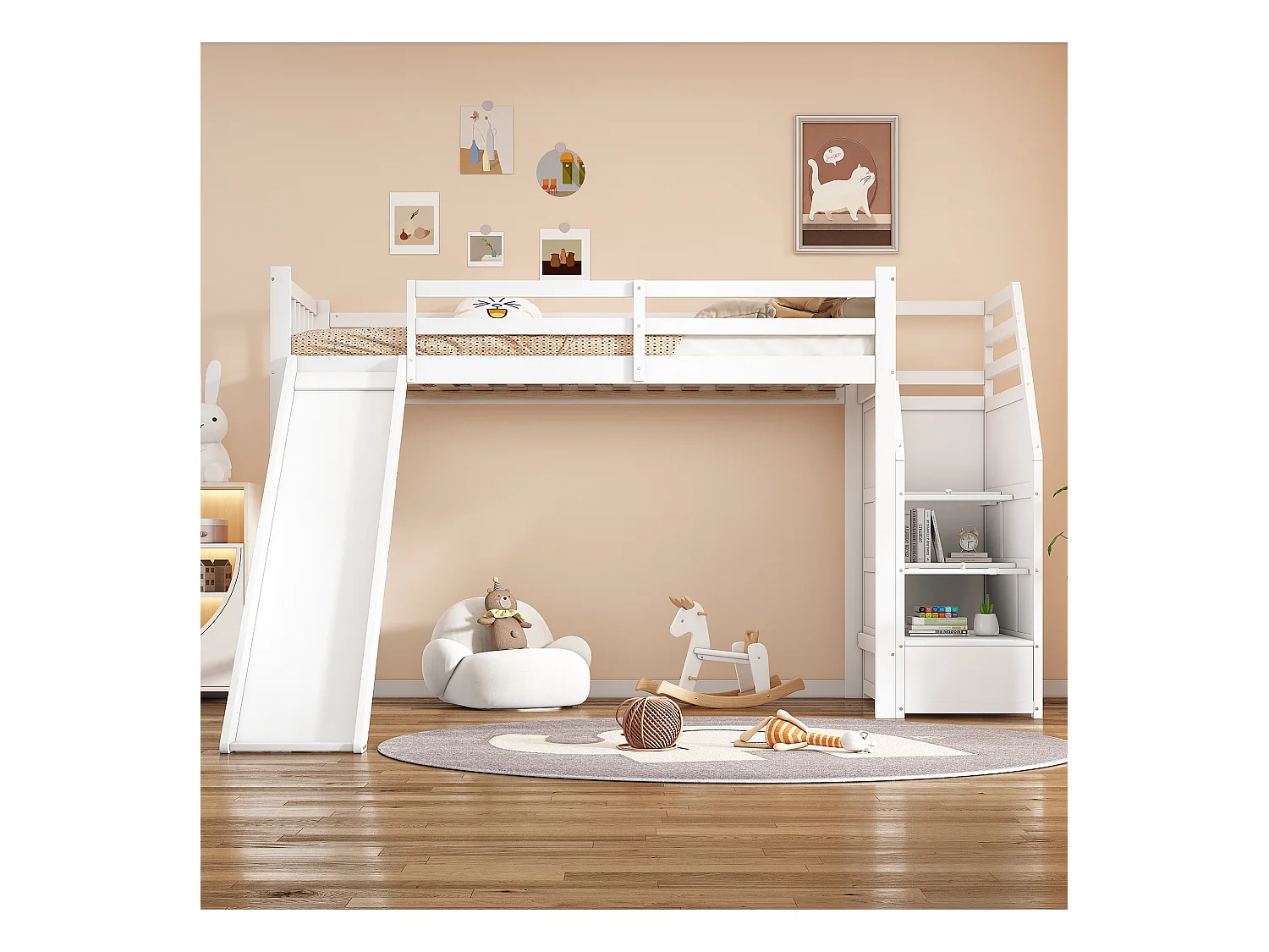 Lit superposé avec bureau, échelle de rangement, cadre en métal, 7 couleurs LED, USB, blanc (255.5x236x155 cm)