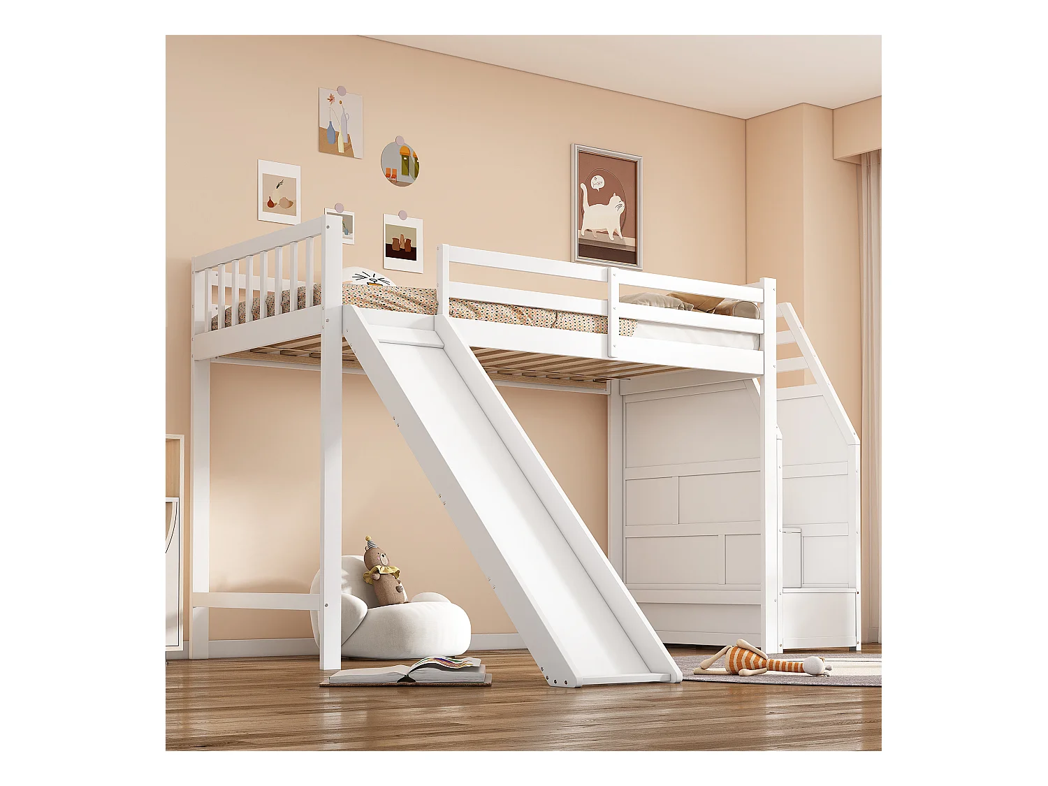 Lit superposé avec bureau, échelle de rangement, cadre en métal, 7 couleurs LED, USB, blanc (255.5x236x155 cm)