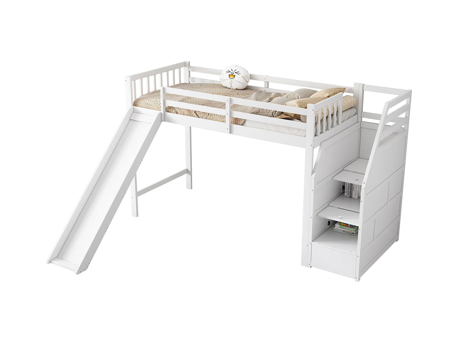 Lit superposé avec bureau, échelle de rangement, cadre en métal, 7 couleurs LED, USB, blanc (255.5x236x155 cm)