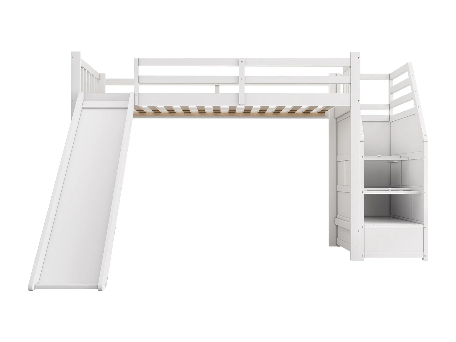 Lit superposé avec bureau, échelle de rangement, cadre en métal, 7 couleurs LED, USB, blanc (255.5x236x155 cm)