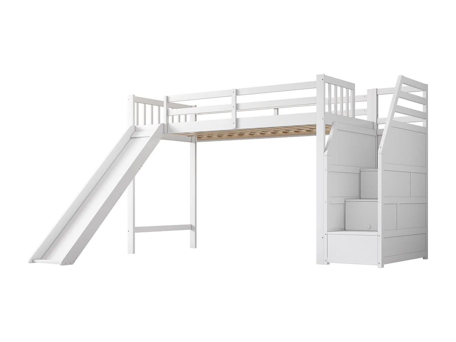 Lit superposé avec bureau, échelle de rangement, cadre en métal, 7 couleurs LED, USB, blanc (255.5x236x155 cm)