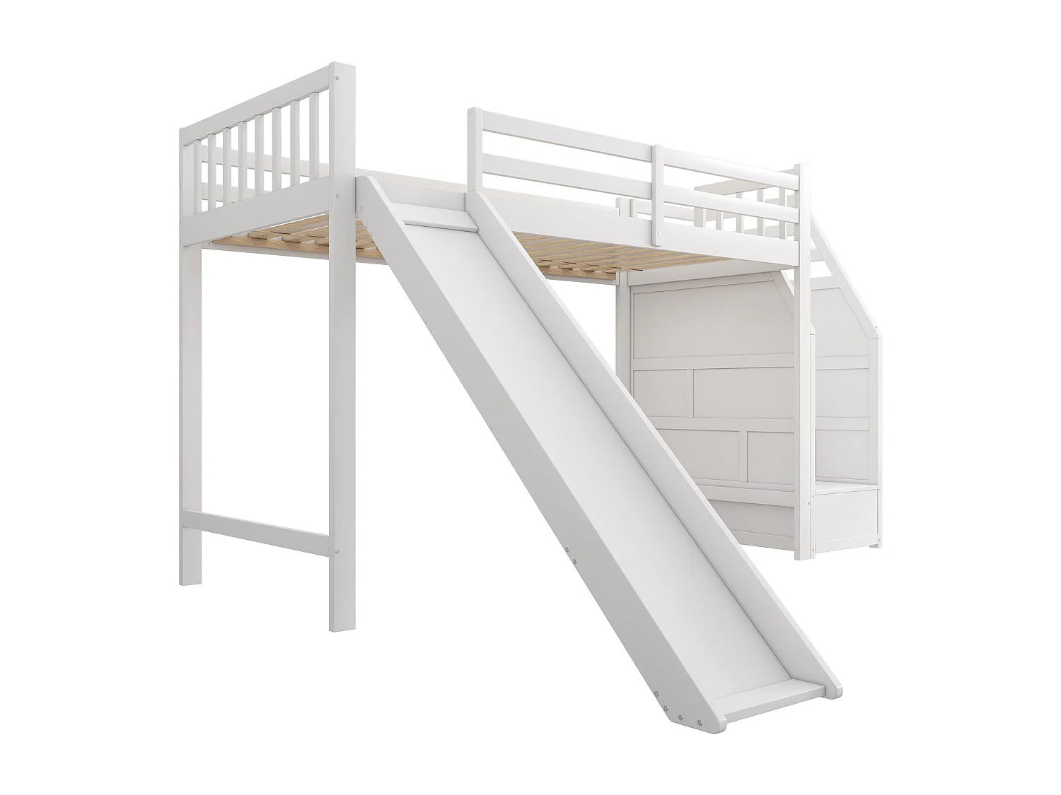 Lit superposé avec bureau, échelle de rangement, cadre en métal, 7 couleurs LED, USB, blanc (255.5x236x155 cm)