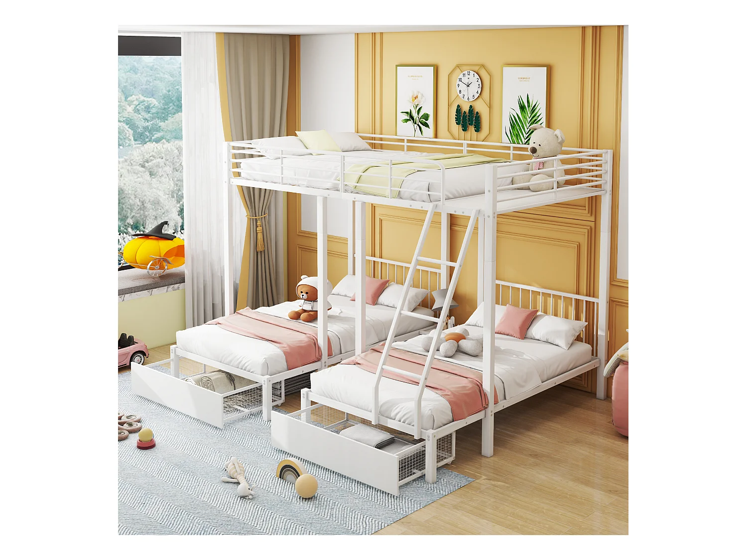 Modulair stapelbed met lades, metalen frame, omvormbaar tot tweepersoonsbed 140x200 en twee eenpersoonsbedden 90x200, multifunctioneel, wit (246x206x177,8 cm)