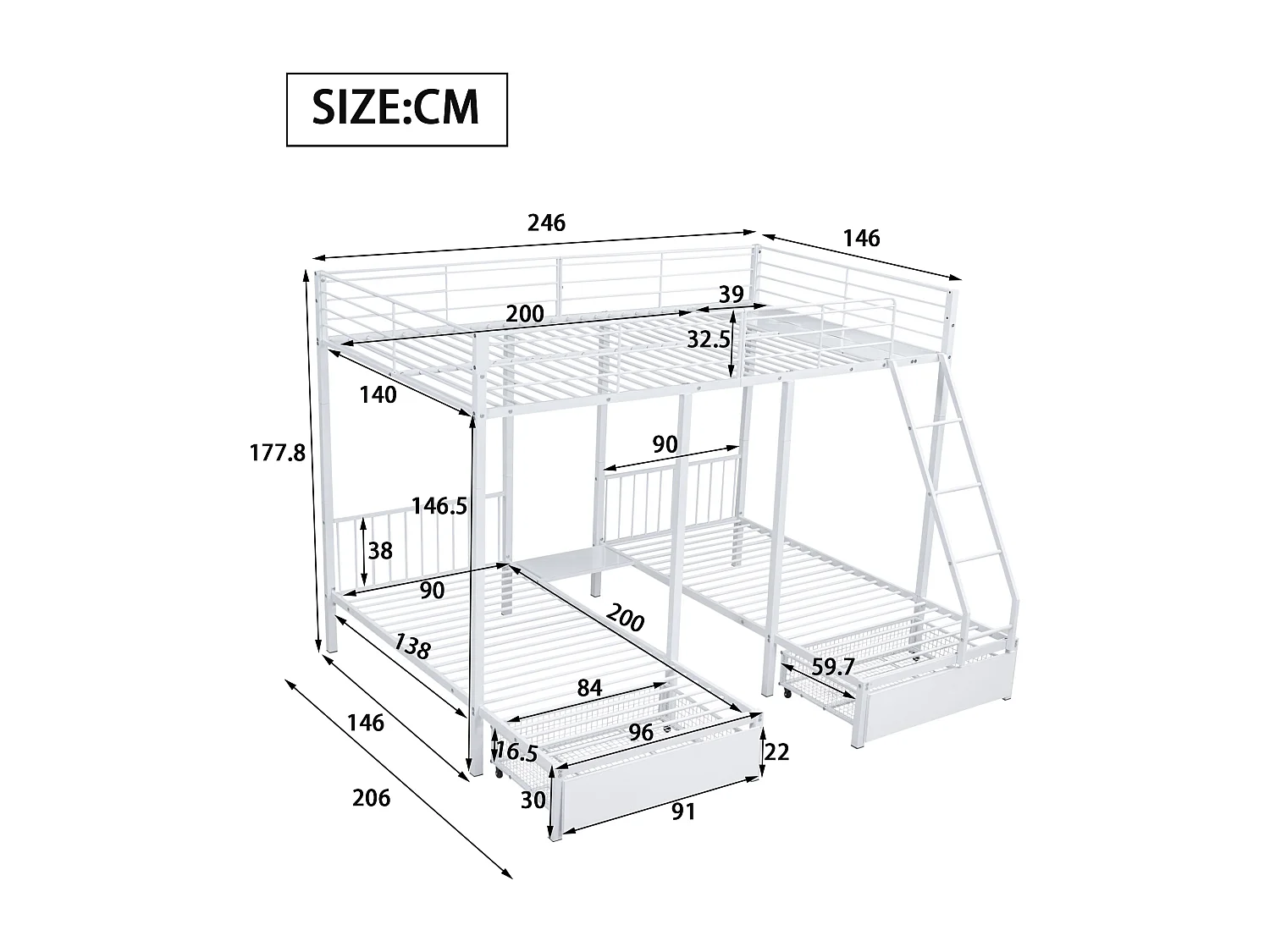 Modulair stapelbed met lades, metalen frame, omvormbaar tot tweepersoonsbed 140x200 en twee eenpersoonsbedden 90x200, multifunctioneel, wit (246x206x177,8 cm)