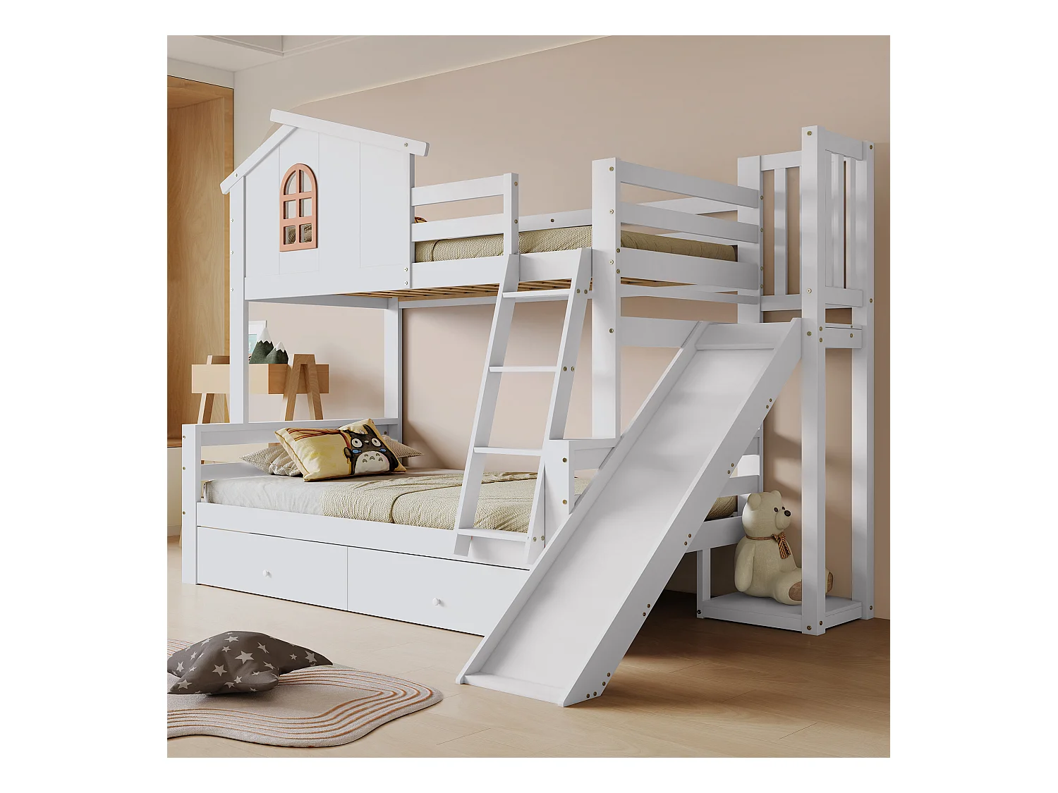 Lit superposé avec fenêtres décoratives, échelle inclinée à 4 marches et toboggan, cadre en bois massif, avec tiroirs de rangement, Blanc (247x163.5x189 cm)