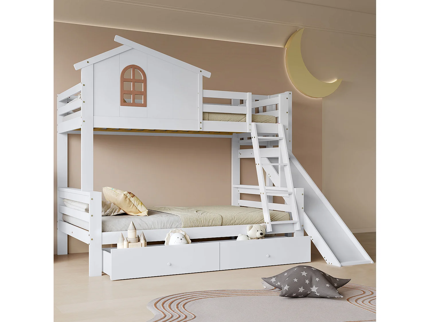 Stapelbed met decoratieve ramen, 4-traps schuine ladder en glijbaan, massief houten frame, met opberglades, wit (247x163,5x189 cm)