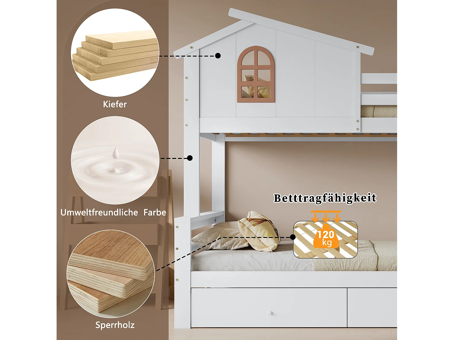 Stapelbed met decoratieve ramen, 4-traps schuine ladder en glijbaan, massief houten frame, met opberglades, wit (247x163,5x189 cm)