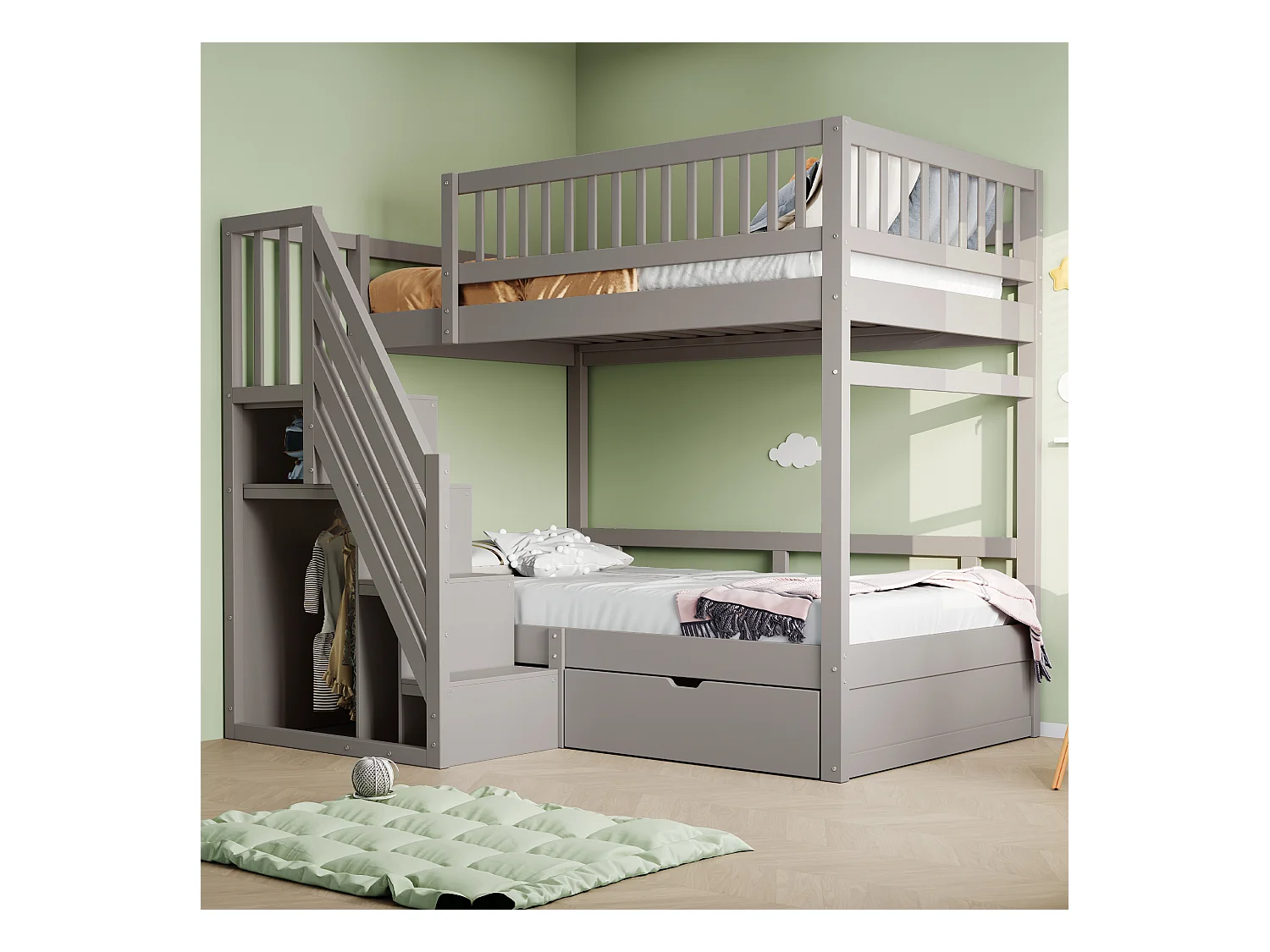 Lit superposé en bois massif 90x200 cm avec échelle de rangement, garde-corps de sécurité et tiroirs de rangement, gris (205x95x173 cm)