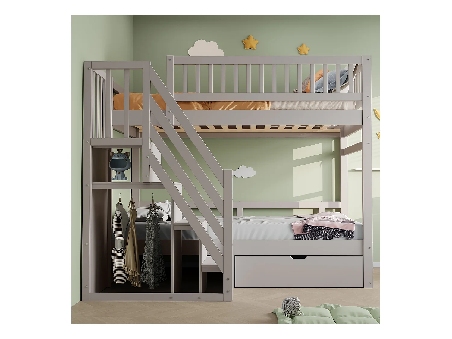 Lit superposé en bois massif 90x200 cm avec échelle de rangement, garde-corps de sécurité et tiroirs de rangement, gris (205x95x173 cm)