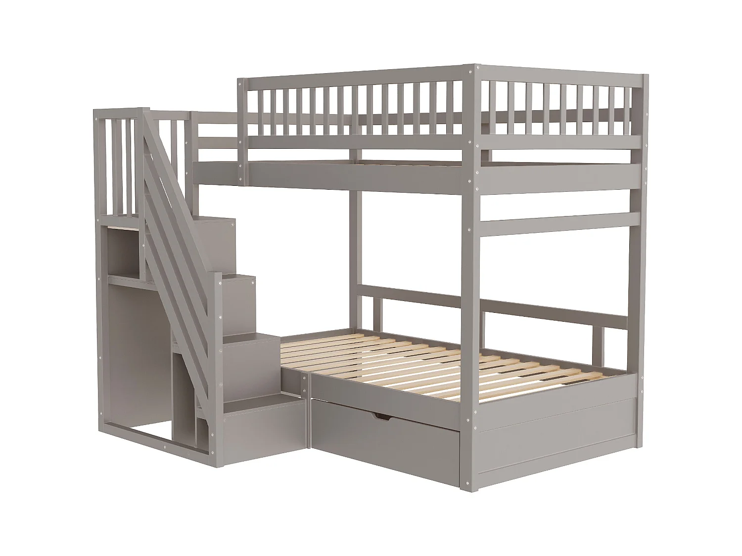Lit superposé en bois massif 90x200 cm avec échelle de rangement, garde-corps de sécurité et tiroirs de rangement, gris (205x95x173 cm)