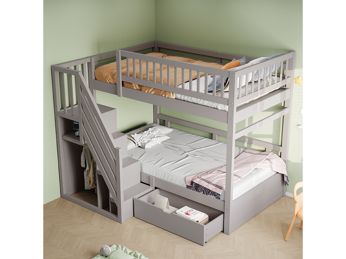Arhatreya Kinderbed, 90 x 200 cm, stapelbed met veiligheidstrap, houten bed met opbergvak, tienerbed met opbergvak, lattenbodem, grenenbed met hoog hek, wit (zonder matras