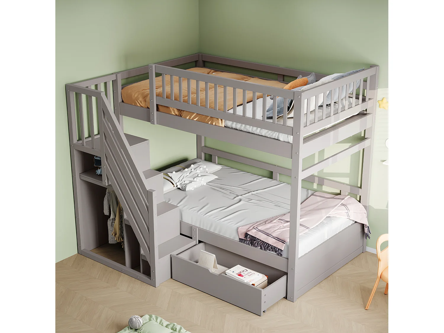 Lit superposé en bois massif 90x200 cm avec échelle de rangement, garde-corps de sécurité et tiroirs de rangement, gris (205x95x173 cm)