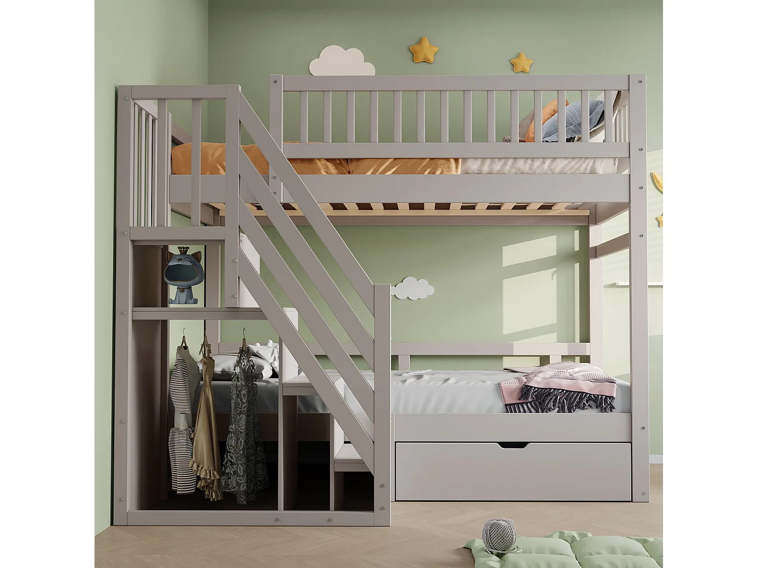 Lit superposé en bois massif 90x200 cm avec échelle de rangement, garde-corps de sécurité et tiroirs de rangement, gris (205x95x173 cm)